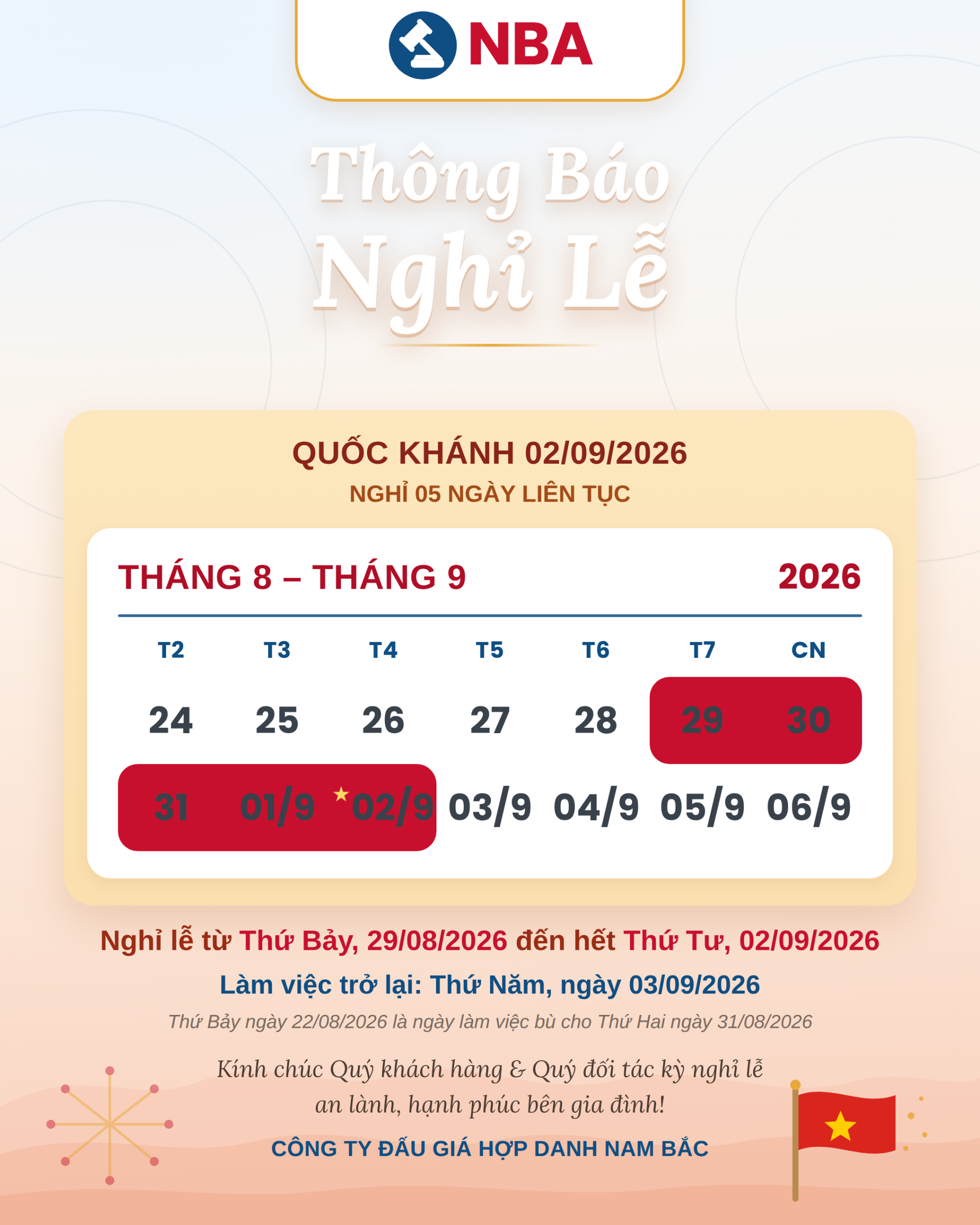 Thông báo nghỉ lễ Quốc khánh 2-9 năm 2026 - Công ty đấu giá Hợp danh Nam Bắc